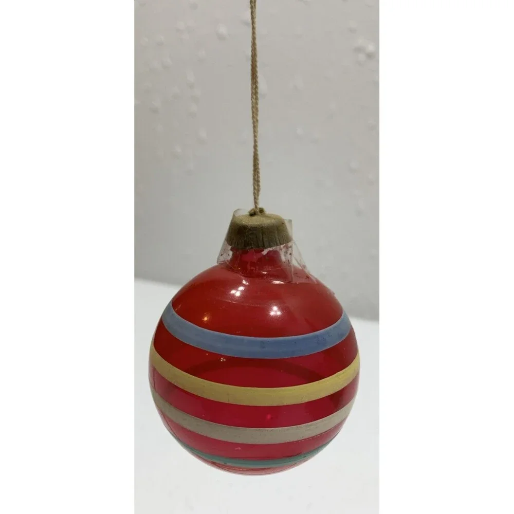 Vintage Glass Christmas Ornament Unsilvered Pink Blue White Stripes Paper Cap